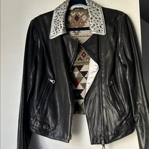 Black and silver true Leather Jacket with Studded Collar